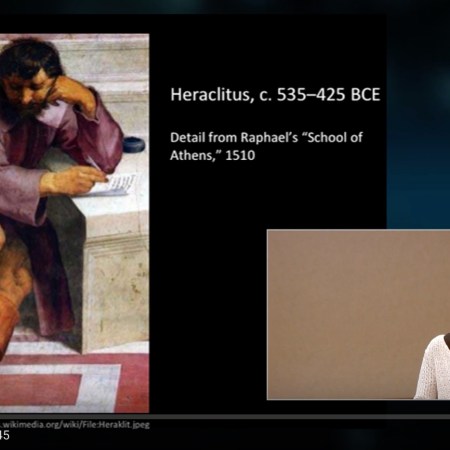 Image of video feed and presentation slides of Dr. Carolyn Miller's 2013 talk at Indiana University