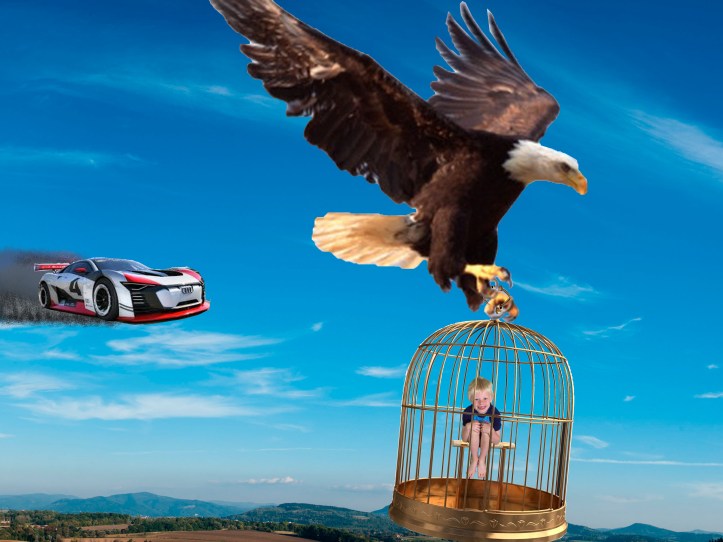 Photoshop creation of Ry in a bird cage, being carried away by an eagle and chased by an Audi.