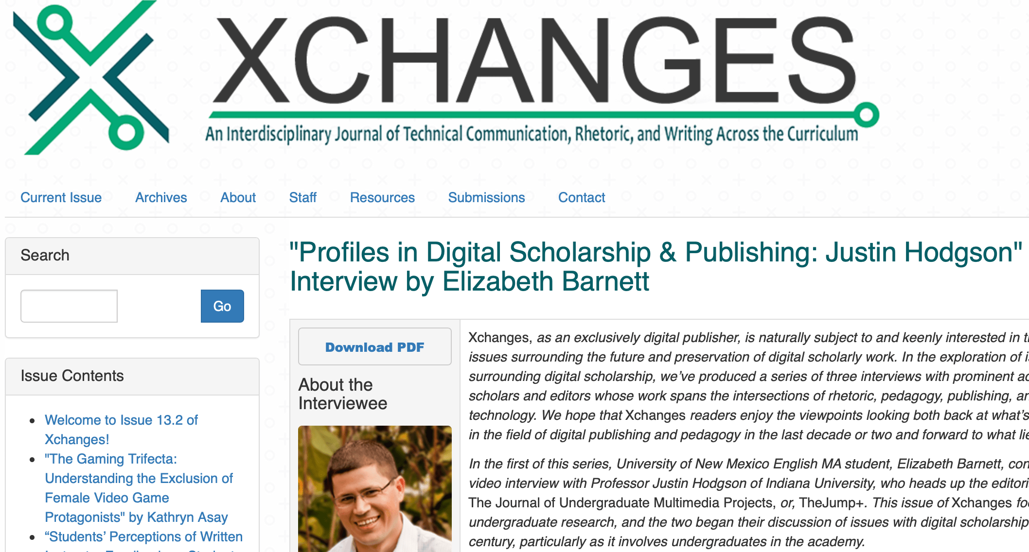 Screen capture of the "Profiles in Digital Scholarship & Publishing: Justin Hodgson" page of the journal Xchanges.
