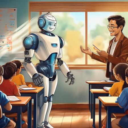 Teacher and Robot working together to teach a class of elementary students