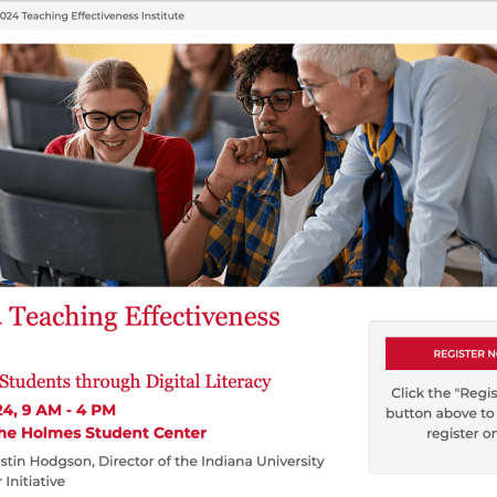Screen capture of NIU website, featuring a photo with a faculty member helping students in a computer lab. Below the image is information about the Fall 2024 Teaching Effectiveness Institute.