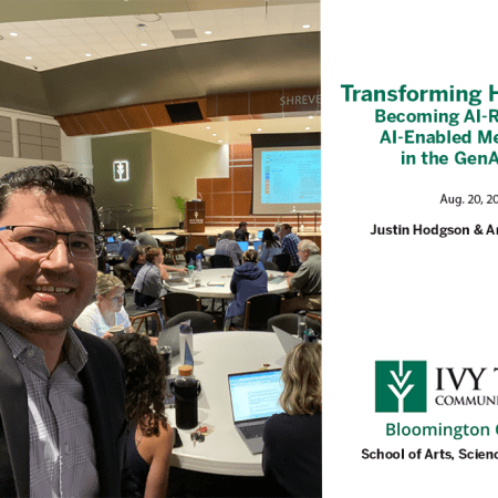 Selfie of JH in front of a room full of teachers. The teachers are seated at round tables throughout the space.