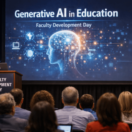 Image of presentation stage, with a room full of people facing the stage, and a projector screen with the words "Generative AI in Education" displayed.